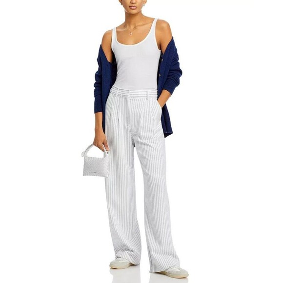 FRENCH CONNECTION Women's Whisper Pinstripe Pleated Wide Leg Pants White Navy 2